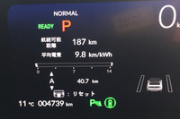 「ホンダe」で首都高に乗り入れて、走行車線を前車についてのんびり巡行。感覚的に「70km/h平均」で走行すると、平均電費はオドロキの9.8km/kWh! これなら東京から福島まで行けるかも!?