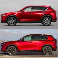 従来型(上)と新型(下)のサイドビュー。ルーフラインやCピラー、リアドアガラス、リアクオーターガラス等を見ると、両者のスタイリングの違いが分かりやすい。