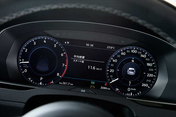 テスト車に装備されていたデジタルメータークラスター。オプションの「テクノロジーパッケージ」に含まれている。