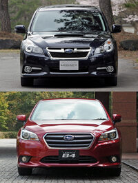 5代目(上)と6代目(下)の「レガシィ」の比較。5代目の写真が「ツーリングワゴン」で6代目が「B4」な点は、ご容赦ください(笑)。とにかくこのモデルチェンジで、レガシィの全幅は一気に60mmも拡大。全長も延びて、よりワイド&ロングなクルマに変身した。