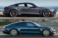 「アウディe-tron GT」(上)と「ポルシェ・タイカン」(下)のサイドビュー。同じ「J1プラットフォーム」を共用する兄弟車だが、フロントのボリュームにプレスラインの入れ方、前後フェンダーのエッジの立て具合など、各所に大きな違いが見られる。