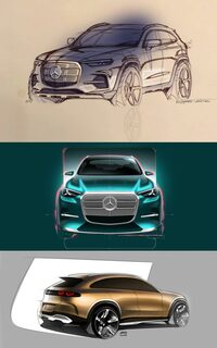 新型「GLC」のエクステリアのデザインスケッチ。
渕野「なにか、グリル以外にも新しいところがあったら、また印象が違ったのかもしれませんが……」