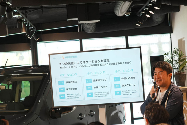 「シトロエン・ベルランゴ」の発表イベントで販売に関する説明を行ったステランティスジャパンのシトロエンブランドマネージャー、中山 領氏。
