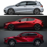 上から順に「フォルクスワーゲン・ゴルフ」と「マツダ3」「マツダCX-30」のサイドビュー。カーデザインに対する考え方の違いがよく分かる。