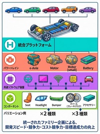 日産のファミリー戦略に基づく商品企画のイメージ。事業性と競争力の高さを両立すべく、製品を「共通のアーキテクチャーをベースに開発する複数車種のグループ」に統合し、そのグループ単位で一括して意思決定する点が、(各車・各地域の要望を順次個別に最適化していた)従来の方式とは大きく異なる。ファミリー戦略においては、部品・コンポーネンツといった物理的な要素が共通化される。
(※画像は生成AIによりつくられたイメージです)