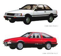 「トヨタ・カローラレビン(写真上)/スプリンタートレノ(写真下)」
「カローラ」の派生モデルとして1972年にTE27型がデビュー。ハチロクの名で親しまれるAE86型は1983年に登場した。1995年に連載が始まった漫画『頭文字D』で取り上げられたことで人気が沸騰し、現在でもプレミアム価格で取引される。