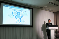 取材会にはホンダの安全技術開発を統括する、髙石秀明エグゼクティブチーフエンジニアも参加。追突事故を82%、歩行者事故を56%減らせるという「Honda SENSING」のデータや、死亡事故ゼロへ向けたホンダの取り組みが説明された。