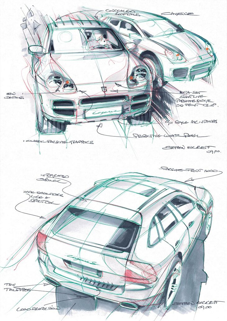 初代「カイエン」のデザインスケッチ。なお、本ページでwebCGほったが言った「売れてるものが~」(※)というのは、ミュージシャンの甲本ヒロトが音楽雑誌の対談企画で、音楽評論家に言い放った金言である。