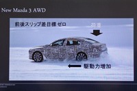 今回の試乗会で用意されたスライド資料から。新型「マツダ3」には先進の電子制御4WDシステム「i-ACTIV AWD」が搭載される。