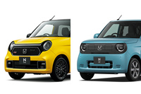 「ホンダN-ONE」(写真左)と「N-ONE e:」(同右)のフロントまわり。ボンネットの傾きや“おでこ”の角張り具合に注目。両車のフロントまわりは、グラフィックのみならず形状自体が大きく異なるのだ。