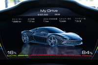 ドライブを終えてシステムをオフにすると、インストゥルメントクラスターには走行距離やEV走行の比率、ブレーキエネルギーの回生量などが表示される。このあたりは先の「SF90」と同じだ。