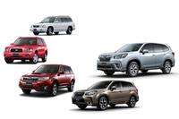 歴代「フォレスター」。キープコンセプトだった初代と2代目、3代目と4代目も、見比べると明確なイメージの違いが感じられる。