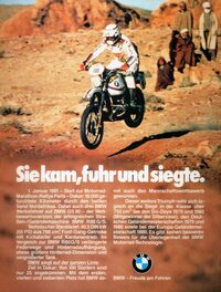 1981年のパリ・ダカールラリーでの初優勝を伝える、BMWのポスター。厳密には「R80 G/S」の競技バージョンである「GS80」(前項のプロトタイプと同名だが別のマシンだ)と呼ばれる車両で戦ったようだ。