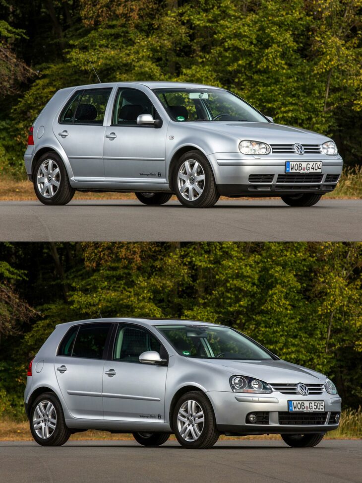 実用車のかがみとされていたころの「フォルクスワーゲン・ゴルフ」。上が4代目(1997-2003年)、下が5代目(2003-2008年)。