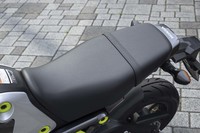 フラットで厚みのあるデザインのタンデムシート。ライディングポジションの自由度も高い。