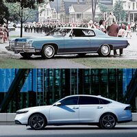 1973年モデルの「シボレー・インパラ カスタム クーペ」(上)と現行型「ホンダ・アコード」(下)。かつて「ホイールベースより前後オーバーハングのほうが長いんじゃないの?」なんて言われていたアメリカ車のおおらかな趣を、今日いちばん体現しているのは、むしろ日系メーカーの4ドアセダンなのかもしれない……。