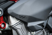 ニーグリップをしやすくするサイドパネルには、ドゥカティの盾形のロゴが、歴史的なボルゴパニガーレ工場の座標とともに描かれている。