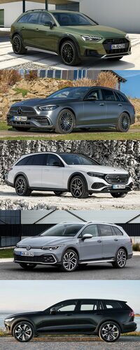 上から順に「アウディA4オールロードクワトロ」(170mm)、「メルセデス・ベンツCクラス オールテレイン」(150mm)、「メルセデス・ベンツEクラス オールテレイン」(145mm、ただしエアサス付き)、「フォルクスワーゲン・ゴルフ オールトラック」(175mm)、「ボルボV60クロスカントリー」(210mm)。カッコ内は最低地上高の数値。