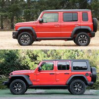 上が「スズキ・ジムニー ノマド」、下が「ジープ・ラングラー アンリミテッド」。 
	渕野「こうして見ると、ラングラーのほうがよっぽど長いですね」 
	清水「だとしたら、やはりタイヤのデカさが原因なのか……」