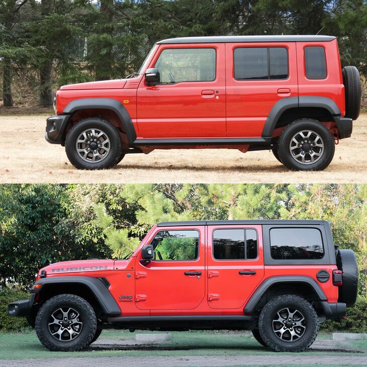 上が「スズキ・ジムニー ノマド」、下が「ジープ・ラングラー アンリミテッド」。 
	渕野「こうして見ると、ラングラーのほうがよっぽど長いですね」 
	清水「だとしたら、やはりタイヤのデカさが原因なのか……」