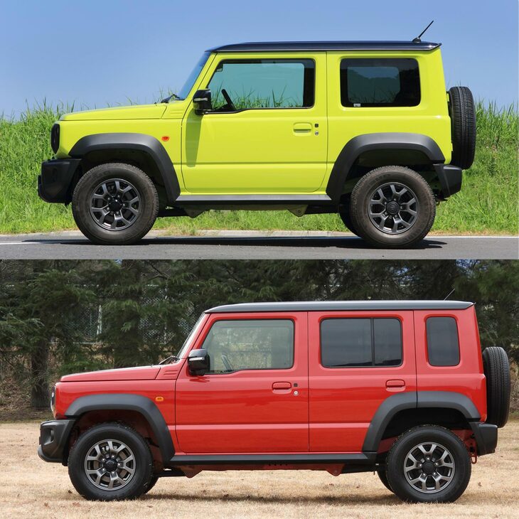 横から見ると、違いは一目瞭然。340mm延びたホイールベースと2枚のドアの切り欠き、いわゆる“6ライト”のウィンドウグラフィックにより、まったく違うイメージに仕上がっている。