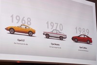 オペルが過去に販売した個性派クーペ。写真は記者会見におけるスライド資料で、左から「オペルGT」「オペル・マンタ」「オペル・カリブラ」の3モデル。