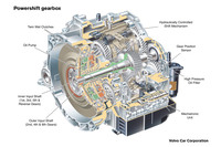 さる識者いわく、「デュアルクラッチ式AT(DCT)の中古車を買うなら、高年式の湿式を選ぶべし。乾式はいまだに壊れやすく、保証なしで乗るのは怖いヨ」とのことだった。……まあ、壊れるときはどんなトランスミッションでも壊れるんですけどね(経験者談)。写真は、先代の「ボルボS60/V60」に搭載されたDCTの図解。