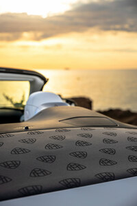 ライトブラックのファブリックで仕立てられたソフトトップやトノカバーにも、アンスラサイトのマイバッハパターンが施される。