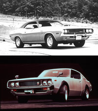 1969年登場の初代「ダッジ・チャレンジャー」(モデルイヤーは1970年)と、1972年登場の4代目「日産スカイライン」。ミツオカが範とする往年の国産旧車も、そのデザインはアメリカ車の影響を色濃く受けたものだった。