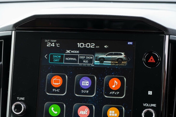 モードに応じてパワーユニットやブレーキLSD等の制御を切り替え、悪路でのスムーズな走行をサポートする「X-MODE」。タッチスクリーン上部のコントロール画面で操作する。