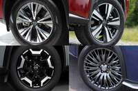 足もとの仕様はグレードによって異なり、「S」系と「X」系には写真左上の18インチホイールが、「G」系のグレードには右上の19インチホイールが装着される。左下は「エクストリーマーX」の18インチホイール、右下は「オーテック」の20インチホイールだ。(写真:webCG、向後一宏、日産自動車、郡大二郎)