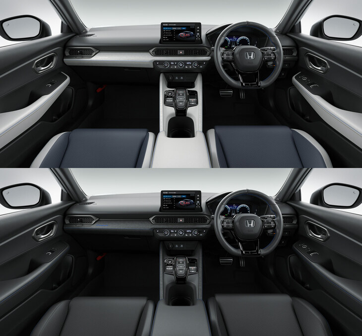 インテリアカラーは「ブルー×ホワイト」(上)と「ブルー×ブラック」(下)の2種類。後者は、車体色が「ムーンリットホワイト・パール」の場合のみ選択可能となる。