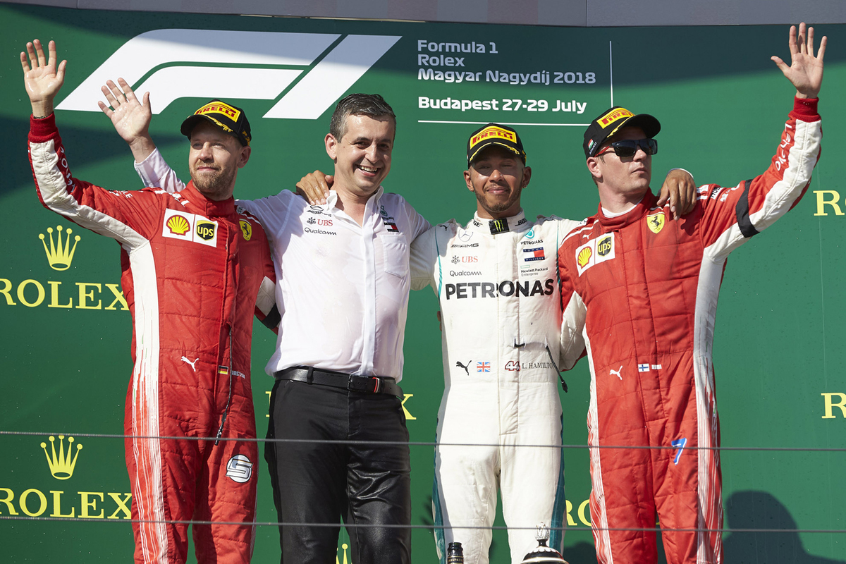 F1 12年 コバライネン、ハミルトン、リカルド リカルド「ルイスがシューイをしたいって言うから驚いた」3位表彰台で