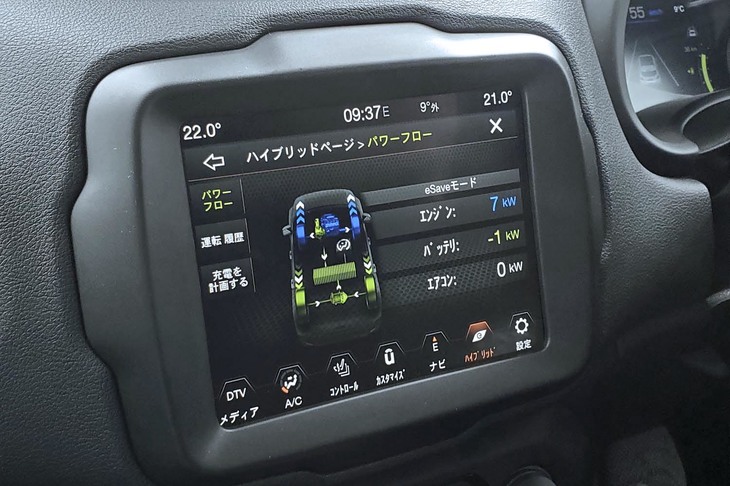 エンジン・モーター間のエネルギーフローは、8.4インチのセンターモニターで、写真のように確認できる。