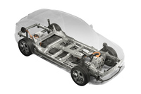 「MX-30」のランニングシャシーの透視図。ボディー底部に搭載されるバッテリーの容量は、「ホンダe」と同じく35.5kWhだ。