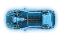 「クロストレック」に搭載される「e-BOXER(ストロングハイブリッド)」のメカニズムイメージ。最高出力160PSの2.5リッター水平対向4気筒エンジンと、駆動用および発電用の2つのモーターやフロントデファレンシャルギアなどをひとつにまとめたトランスアクスルを中心に構成されている。