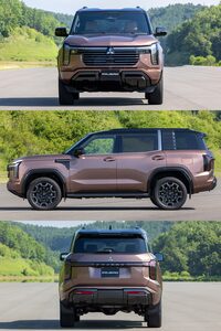 新型「パジェロ」の三面写真。ランプまわりのプレスラインや、バンパー下部の台形の樹脂パーツなど、フロントとリアのデザインに共通性を持たせているのが分かる。