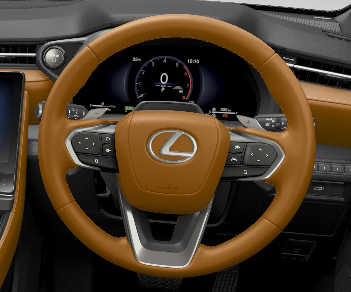 ステアリングホイールもご覧のとおりに。このタバコ色の「オーカー」のほか、「ソリスホワイト」「ダークローズ」が“ビスポークビルド”専用の内装色。