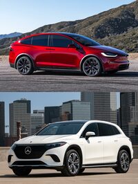 同じ全長5m超級のSUV「テスラ・モデルS」(上)と「メルセデス・ベンツEQS SUV」(下)。同じEVの大型SUVでも、テスラとメルセデスでは造作の凝り具合がいささか違う。