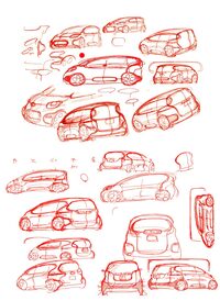 3代目「シエンタ」のデザインスケッチ。
ほった「これを見ると、当初はもっとモノフォルムに近い形を考えていたんですかね」