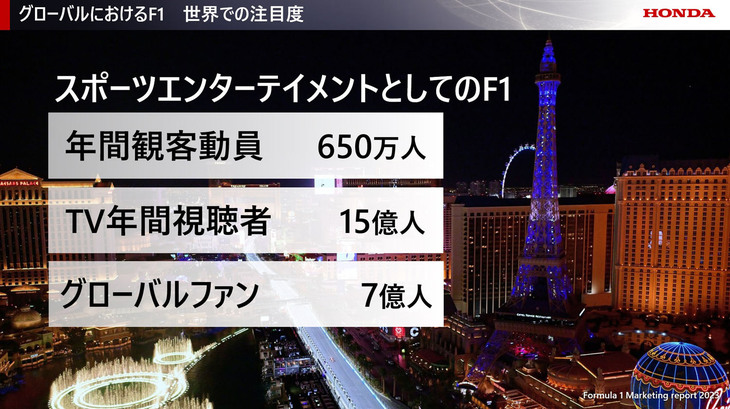 ホンダの資料から。アメリカのリバティ・メディアがF1の興行権を買収して以来、さらにNetflixでF1が取り上げられたことで、現在のF1は北米を中心に人気が急上昇。年間観客動員は650万人を数え、テレビを通じて15億人がレースを楽しむまでになっている。