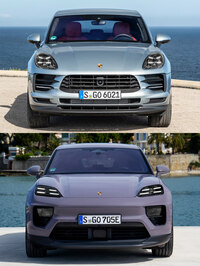 初代の中期モデルにあたる2018年型「マカン」(上)と、新型のEV版マカン(下)。ヘッドランプがよりカクついた横長のデザインとなり、そこからつながるボンネットの峰も、隆起がかなりハッキリしたものとなった。