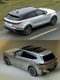 「レンジローバー・ヴェラール」(上)と新型「BMW X5」(下)の比較。
渕野「ご覧のとおり、新型X5は本当にリアが絞られていないんですよ」
清水「特にテールランプまわりと、バンパーの左右の縁ですね」
ほった「まぁ、相手はフォルムが命のヴェラールなんで、ちょっと意地悪な比較ではあるんですが(笑)」