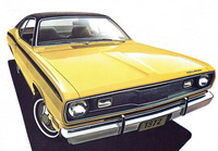 1972年「プリムス・ダスター」。コンパクトサイズの4ドアセダン「バリアント」のクーペ版。ホットグレードの「340」は245PS（1971年までは275PS）を発生する340立方インチ（5.6リッター）のV8を積んでいた。