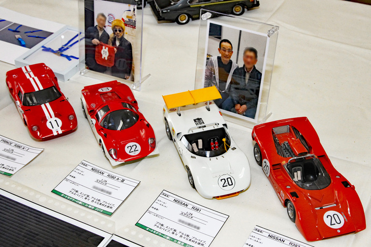 左から「プリンスR380 A-I」「日産R380 A-III」「同R381」「同R382」という、1960年代の日本グランプリを制したプリンス／日産のプロトタイプレーシング。すべて市販キットではなく、1/24でスクラッチビルドされている。