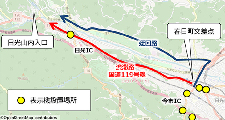 2020年に栃木・日光で行った実証実験における渋滞路とう回路、「旅行時間表示サービス」の所要時間表示機設置場所。