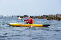 「今日は波が高いですね」と言いながら、ぐいぐいと沖へと漕ぎ出していく田中ケンさん。ちなみに、お気に入りのスポットは、和田長浜の北に位置する佃嵐崎（つくだらさき）の近くの岩礁とのこと。