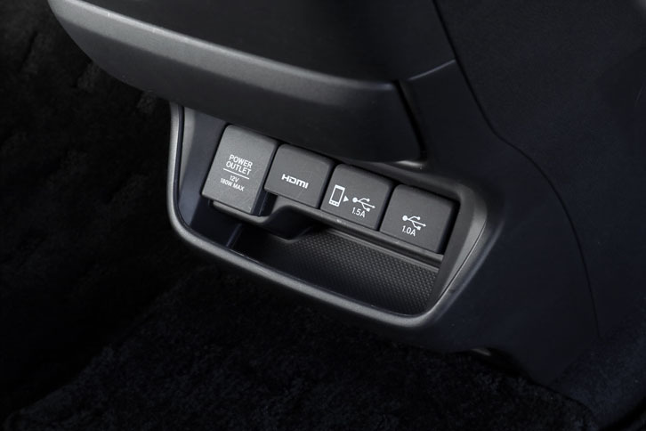 テスト車「フリード ハイブリッドEX」のセンターコンソール。HDMIやUSBなどのソケットがずらりと並ぶ。