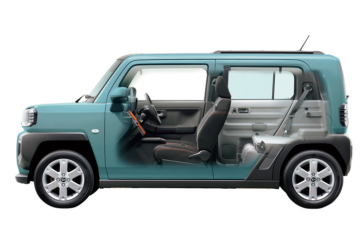 「タフト」の透視図。荷室の側壁とリアドアのインナーパネルが、同じ意匠でデザインされている点にも注目。タフトの車内のイメージは、「前席／後席と荷室」という形で分けられているのだ。