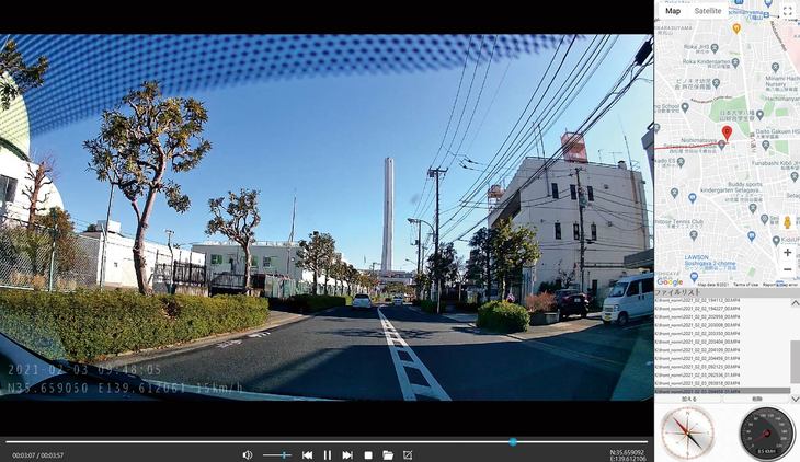 記録画像を専用ビューワーソフトで再生すれば、走行経路や位置、速度、方位なども確認できる。